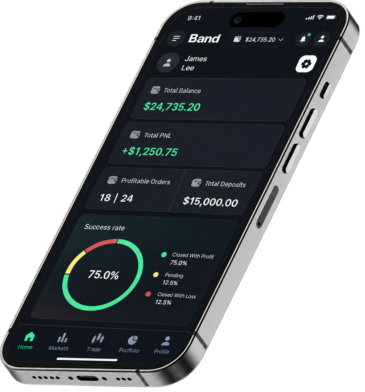 Band trading dashboard on mobile