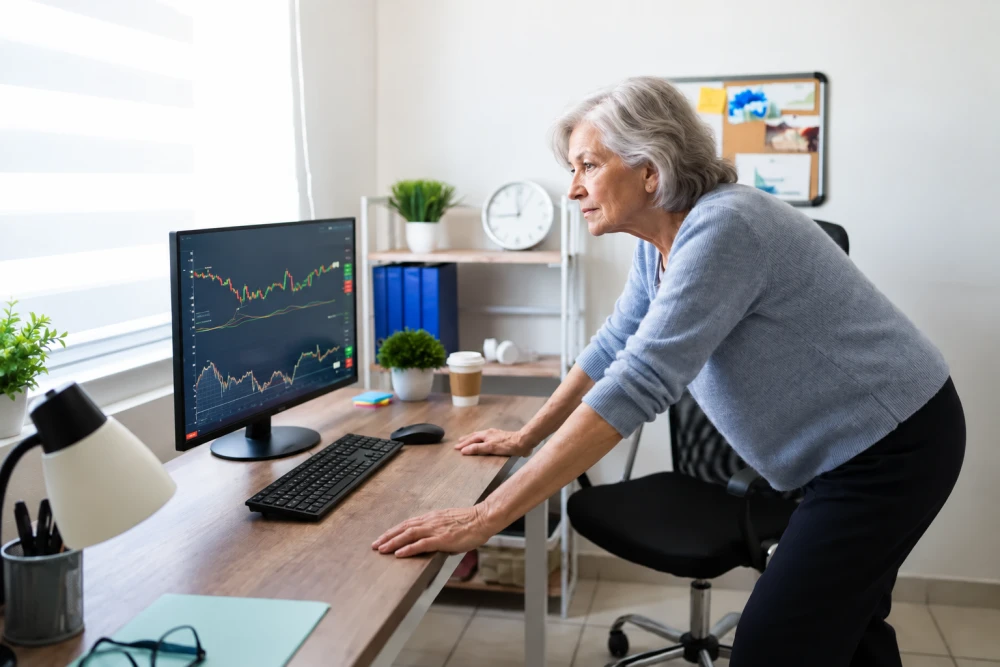 Elderly trader analyzing financial charts