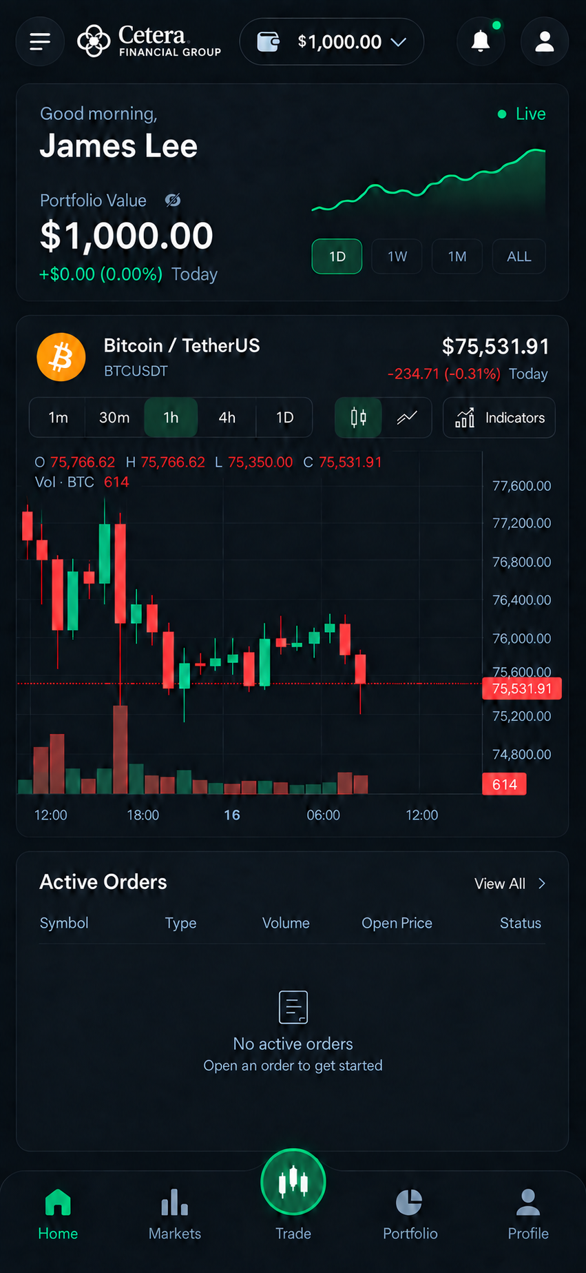 Cetera trading app screen